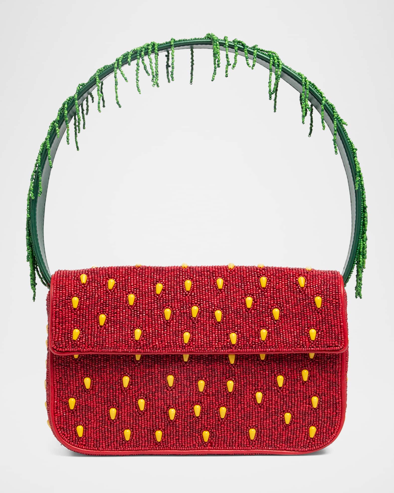 Red and green strawberry-inspired beaded purse with yellow "seed" designs.