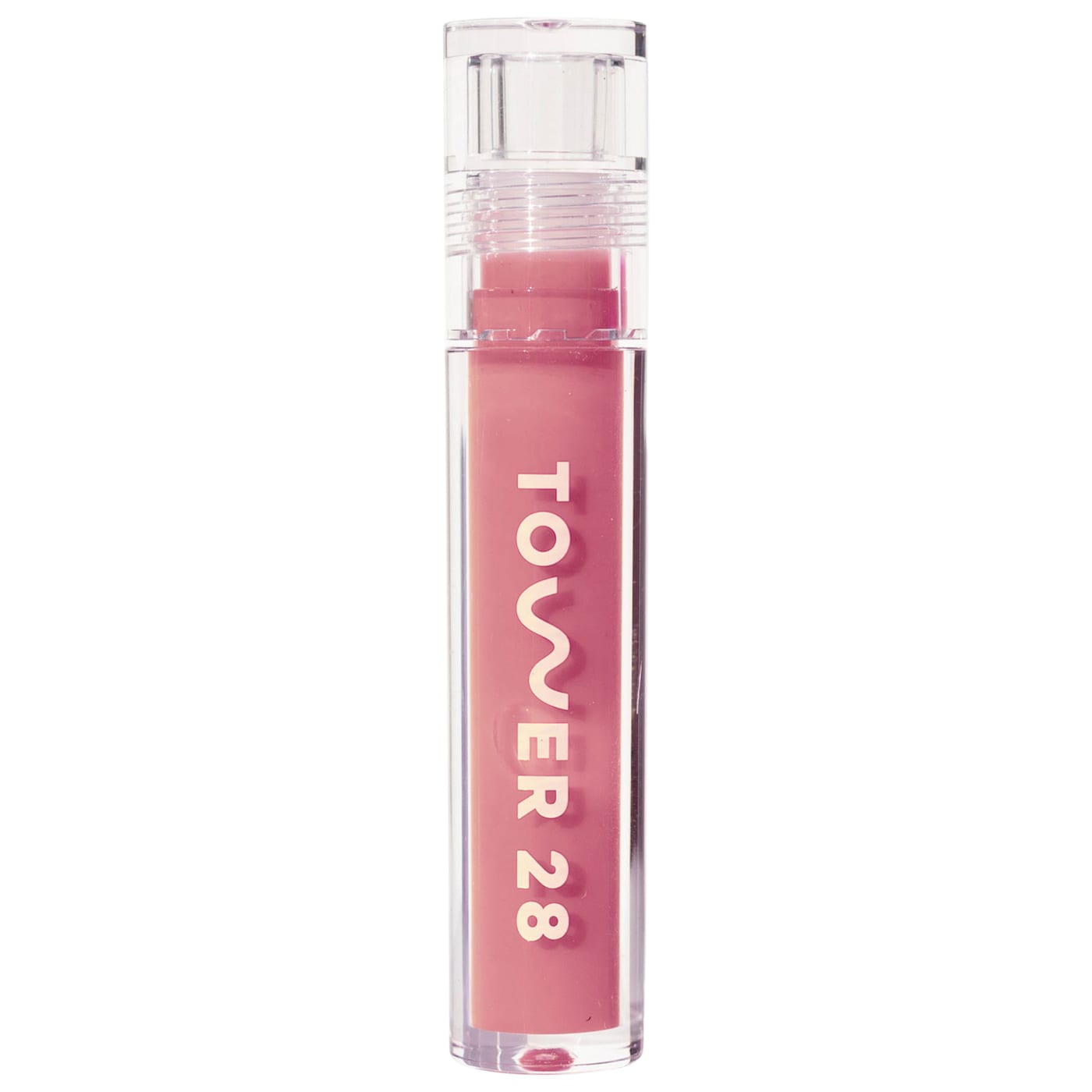 Clear Tower 28 tube with light pink lip oil.
