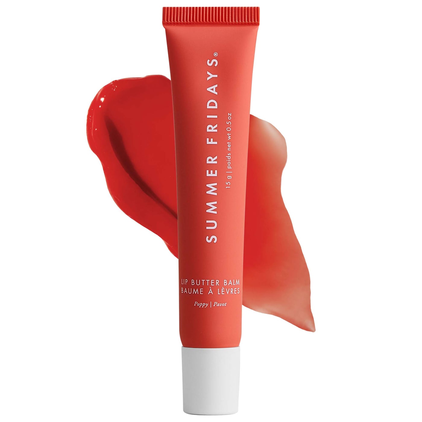 Redish orange and white Summer Fridays tube with a reddish orange swatch of lip butter balm, which is one of the summer beauty products.