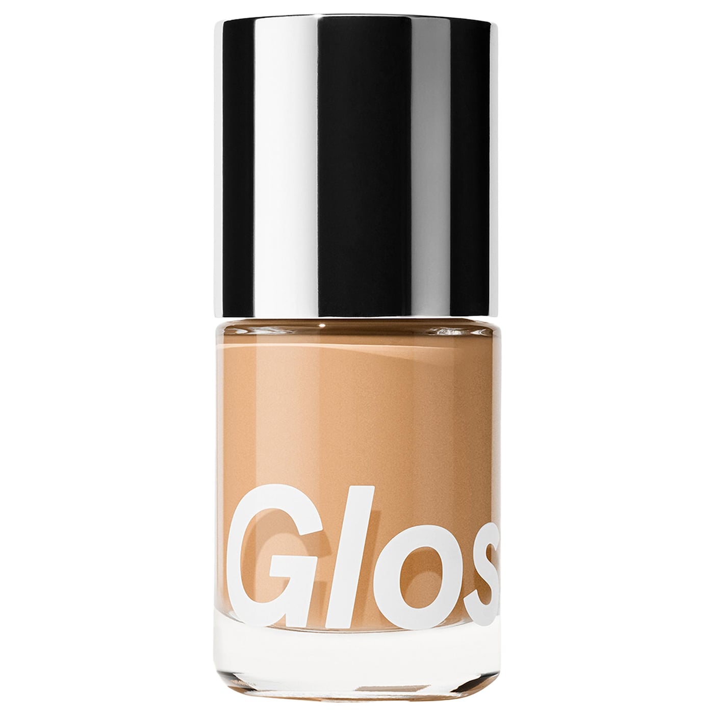 Clear and silver Glossier tube with tan foundation, which is one of the summer beauty products.