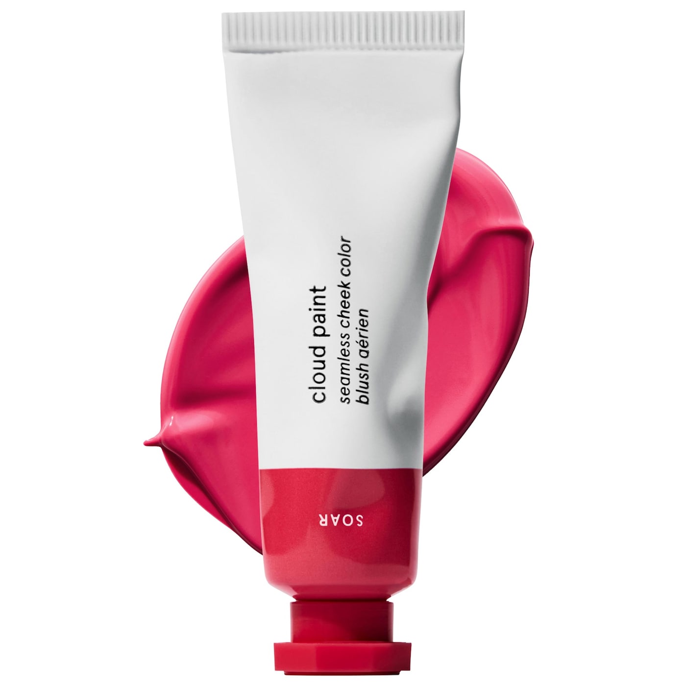 White and pinkish red Glossier bottle with a pinkish red gel cream blush swatch, which is one of the summer beauty products.