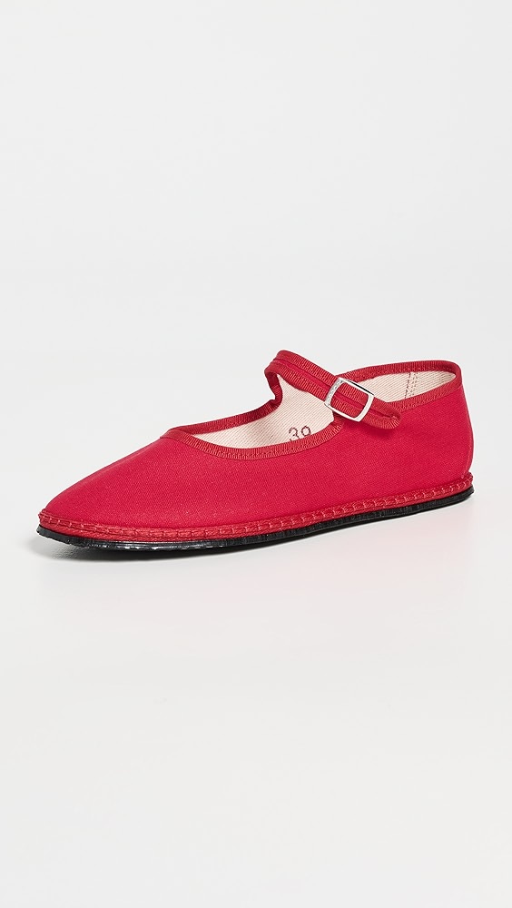 Red and dark red two-tone ballet flats with a strap.