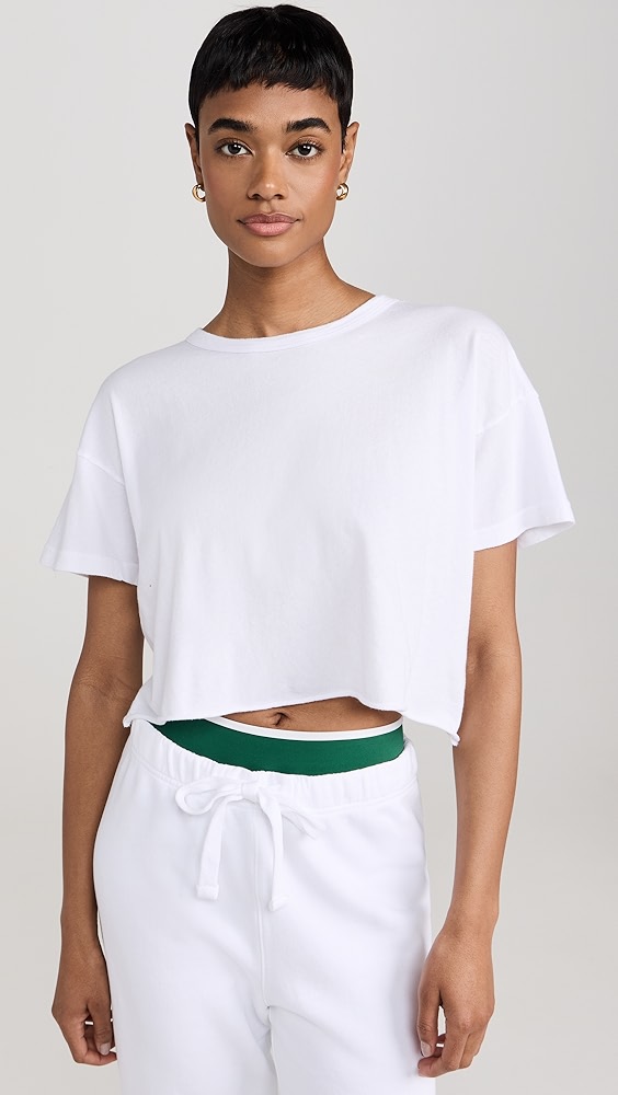 White cropped t-shirt on a model.